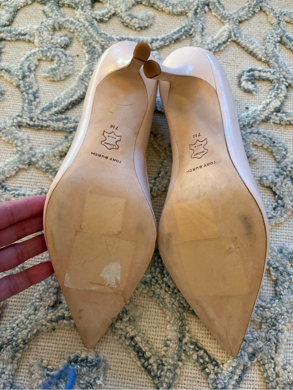 Tory Burch Pale Pink Pointed-Toe Leather Pumps with Logo Accent - Picture 10 of 10